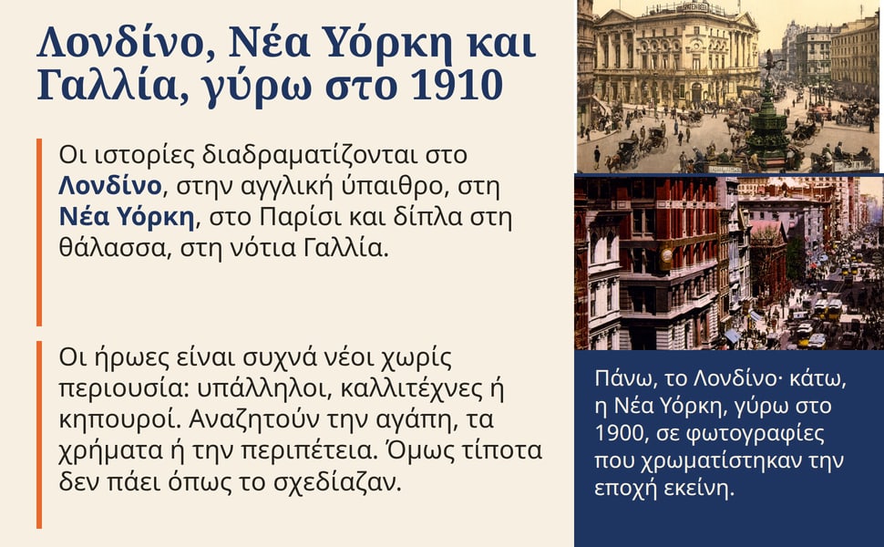 Λονδίνο, Νέα Υόρκη και Γαλλία, γύρω στο 1910. Οι ιστορίες διαδραματίζονται στο Λονδίνο, στην αγγλική ύπαιθρο, στη Νέα Υόρκη, στο Παρίσι και δίπλα στη θάλασσα, στη νότια Γαλλία.