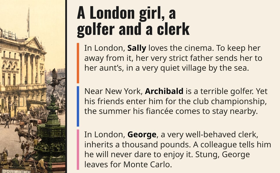 A London girl, a golfer and a clerk. In London, Sally loves the cinema. To keep her away from it, her very strict father sends her to her aunt’s, in a very quiet village by the sea.