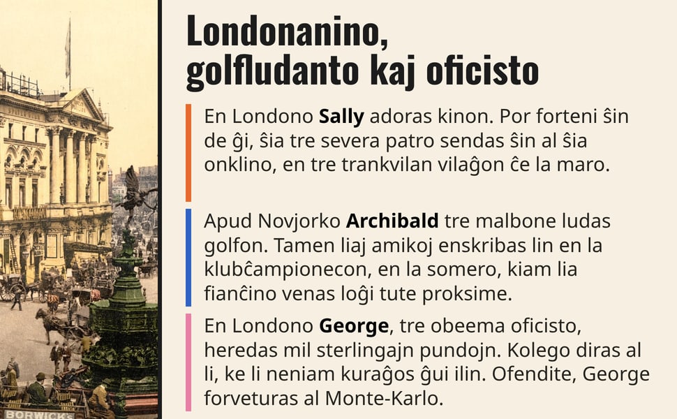 Londonanino, golfludanto kaj oficisto. En Londono Sally adoras kinon. Por forteni ŝin de ĝi, ŝia tre severa patro sendas ŝin al ŝia onklino, en tre trankvilan vilaĝon ĉe la maro.