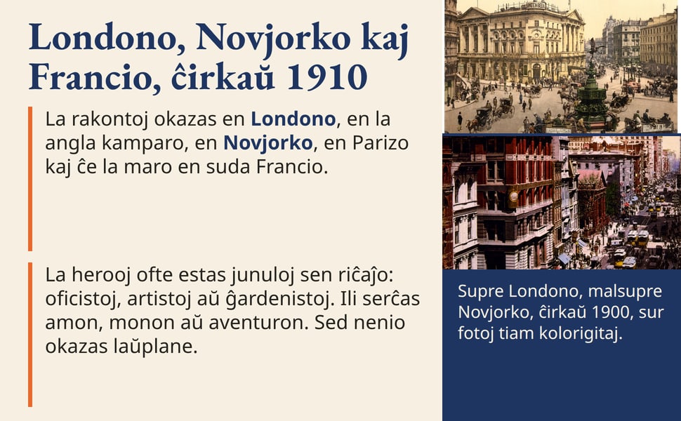 Londono, Novjorko kaj Francio, ĉirkaŭ 1910. La rakontoj okazas en Londono, en la angla kamparo, en Novjorko, en Parizo kaj ĉe la maro en suda Francio.
