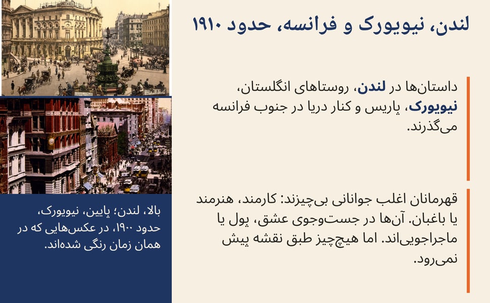 لندن، نیویورک و فرانسه، حدود ۱۹۱۰. داستانها در لندن، روستاهای انگلستان، نیویورک، پاریس و کنار دریا در جنوب فرانسه میگذرند.