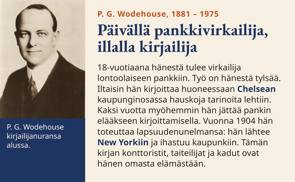 Päivällä pankkivirkailija, illalla kirjailija. 18-vuotiaana hänestä tulee virkailija lontoolaiseen pankkiin. Työ on hänestä tylsää. Iltaisin hän kirjoittaa huoneessaan Chelsean kaupunginosassa hauskoja tarinoita…