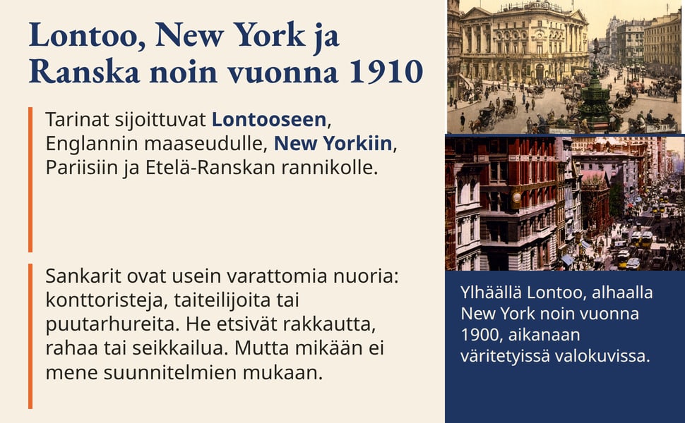 Lontoo, New York ja Ranska noin vuonna 1910. Tarinat sijoittuvat Lontooseen, Englannin maaseudulle, New Yorkiin, Pariisiin ja Etelä-Ranskan rannikolle.