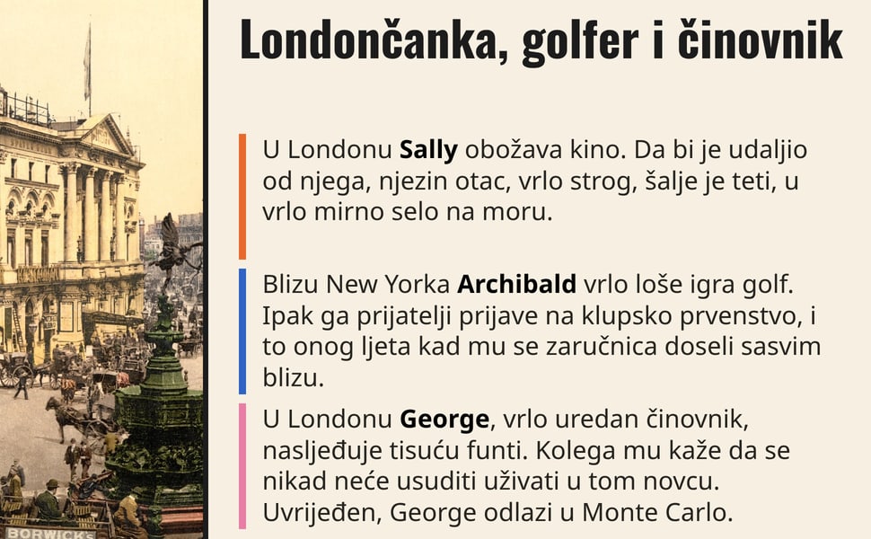 Londončanka, golfer i činovnik. U Londonu Sally obožava kino. Da bi je udaljio od njega, njezin otac, vrlo strog, šalje je teti, u vrlo mirno selo na moru.