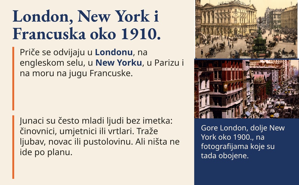 London, New York i Francuska oko 1910. Priče se odvijaju u Londonu, na engleskom selu, u New Yorku, u Parizu i na moru na jugu Francuske.