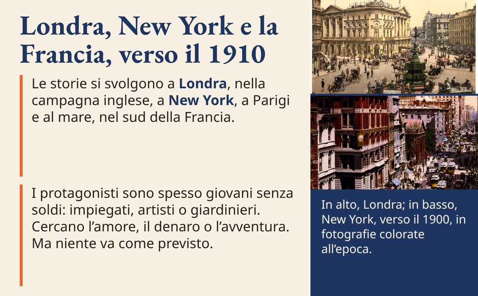 Londra, New York e la Francia, verso il 1910. Le storie si svolgono a Londra, nella campagna inglese, a New York, a Parigi e al mare, nel sud della Francia.