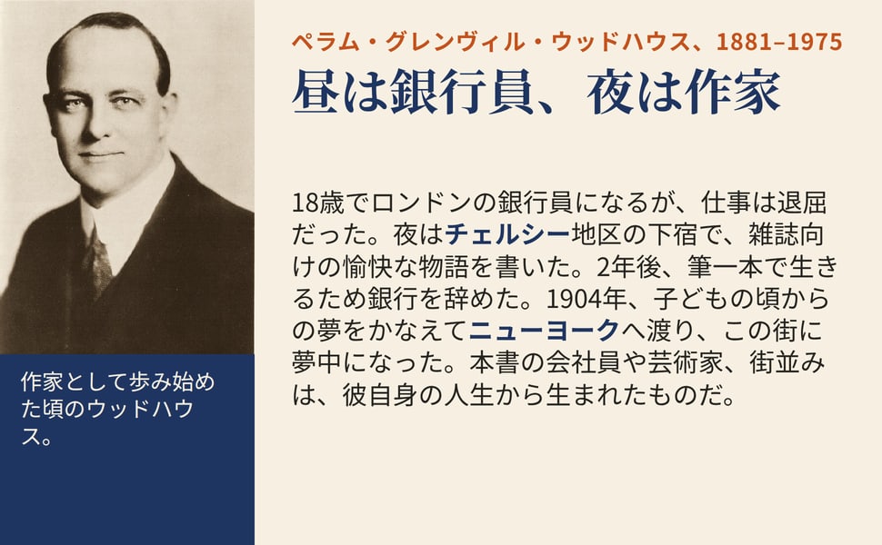 昼は銀行員、夜は作家。18歳でロンドンの銀行員になるが、仕事は退屈だった。夜はチェルシー地区の下宿で、雑誌向けの愉快な物語を書いた。2年後、筆一本で生きるため銀行を辞めた。1904年、子どもの頃からの夢をかなえてニューヨークへ渡り、この街に夢中になった。本書の会社員や芸術家、街並みは、彼自身の人生から生まれたものだ。