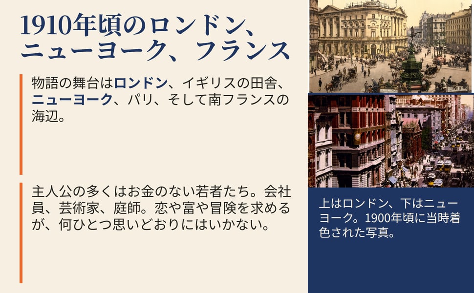 1910年頃のロンドン、ニューヨーク、フランス。物語の舞台はロンドン、イギリスの田舎、ニューヨーク、パリ、そして南フランスの海辺。