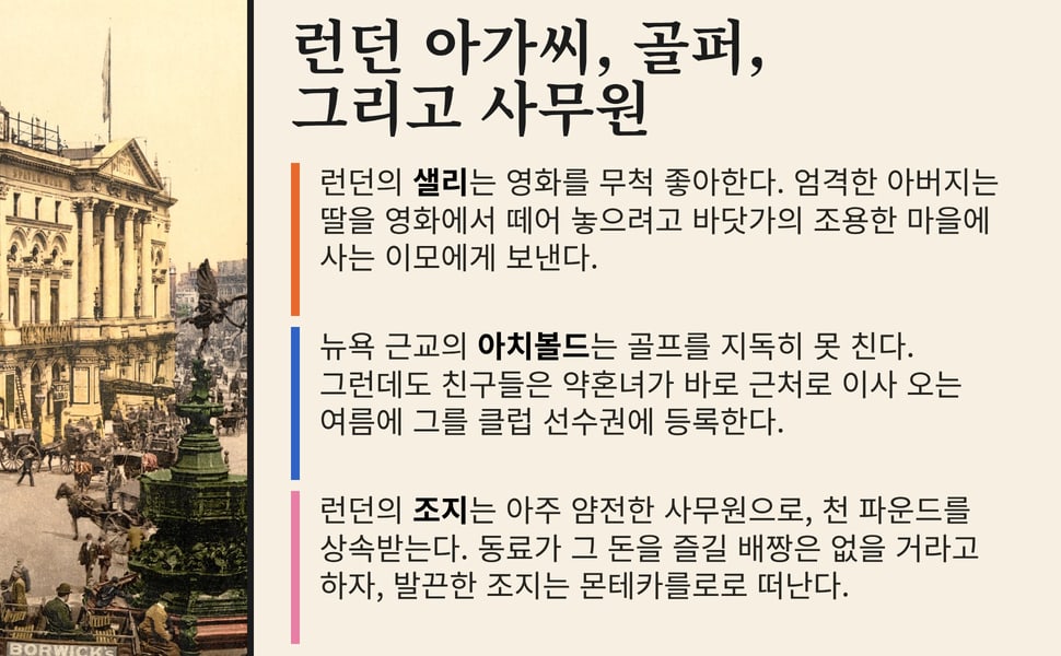 런던 아가씨, 골퍼, 그리고 사무원. 런던의 샐리는 영화를 무척 좋아한다. 엄격한 아버지는 딸을 영화에서 떼어 놓으려고 바닷가의 조용한 마을에 사는 이모에게 보낸다.