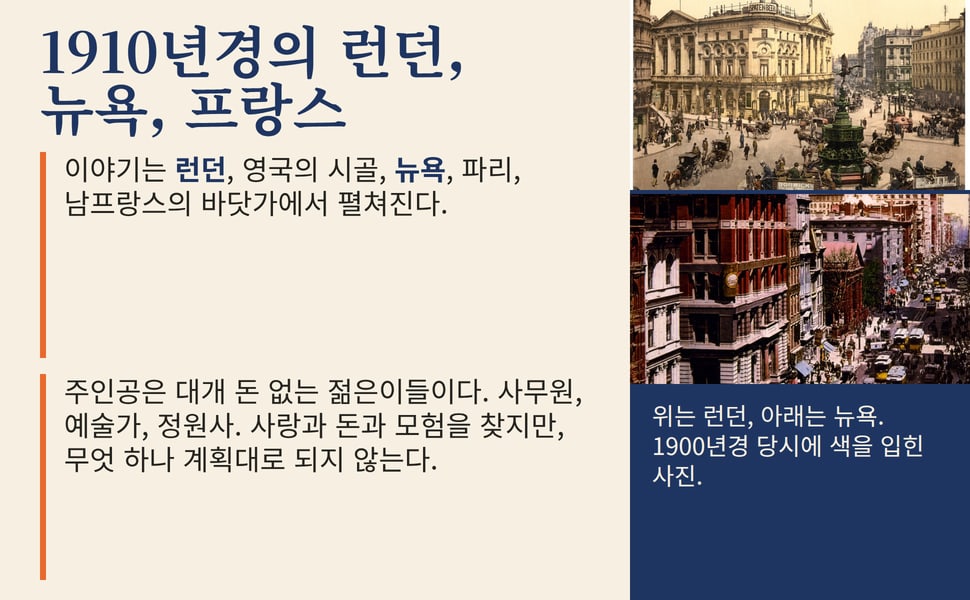 1910년경의 런던, 뉴욕, 프랑스. 이야기는 런던, 영국의 시골, 뉴욕, 파리, 남프랑스의 바닷가에서 펼쳐진다.