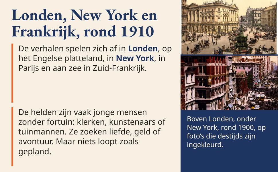Londen, New York en Frankrijk, rond 1910. De verhalen spelen zich af in Londen, op het Engelse platteland, in New York, in Parijs en aan zee in Zuid-Frankrijk.