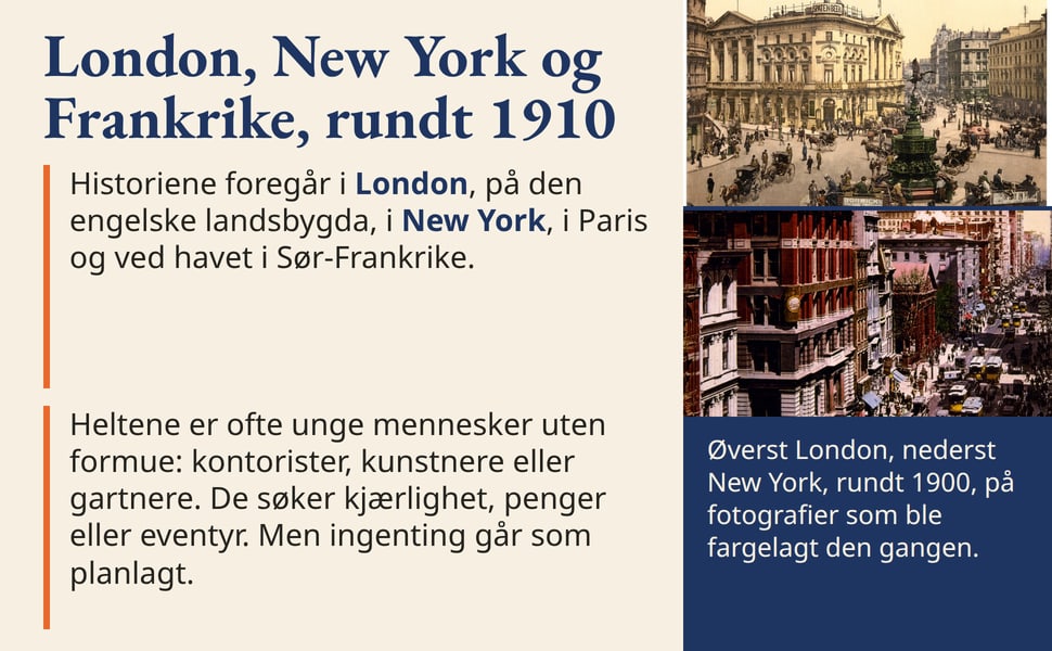 London, New York og Frankrike, rundt 1910. Historiene foregår i London, på den engelske landsbygda, i New York, i Paris og ved havet i Sør-Frankrike.