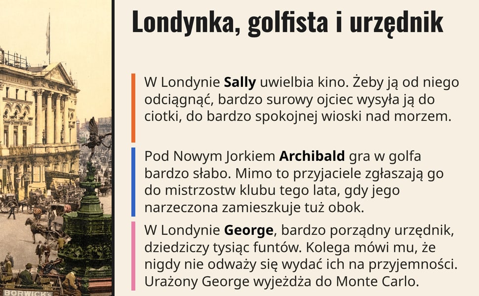 Londynka, golfista i urzędnik. W Londynie Sally uwielbia kino. Żeby ją od niego odciągnąć, bardzo surowy ojciec wysyła ją do ciotki, do bardzo spokojnej wioski nad morzem.