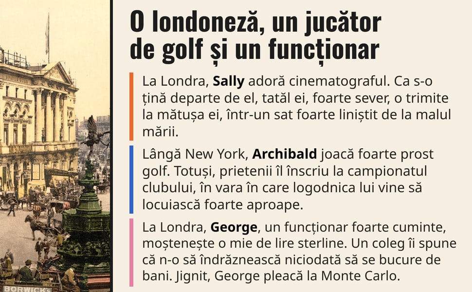 O londoneză, un jucător de golf și un funcționar. La Londra, Sally adoră cinematograful. Ca s-o țină departe de el, tatăl ei, foarte sever, o trimite la mătușa ei, într-un sat foarte liniștit de la malul mării.