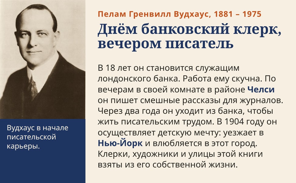 Днём банковский клерк, вечером писатель. В 18 лет он становится служащим лондонского банка. Работа ему скучна. По вечерам в своей комнате в районе Челси он пишет смешные рассказы для журналов. Через два года он уходит…
