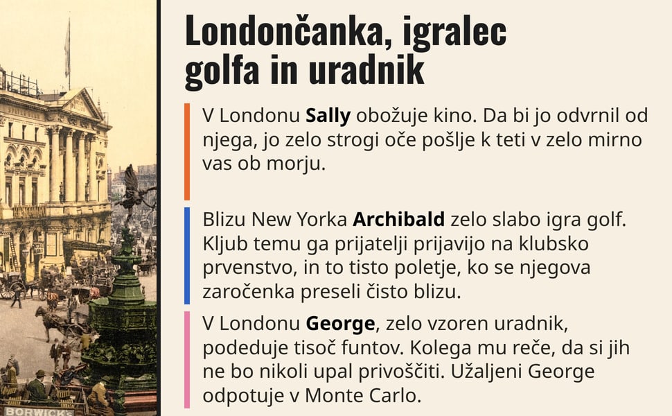 Londončanka, igralec golfa in uradnik. V Londonu Sally obožuje kino. Da bi jo odvrnil od njega, jo zelo strogi oče pošlje k teti v zelo mirno vas ob morju.