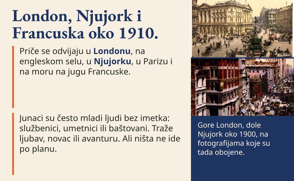 London, Njujork i Francuska oko 1910. Priče se odvijaju u Londonu, na engleskom selu, u Njujorku, u Parizu i na moru na jugu Francuske.