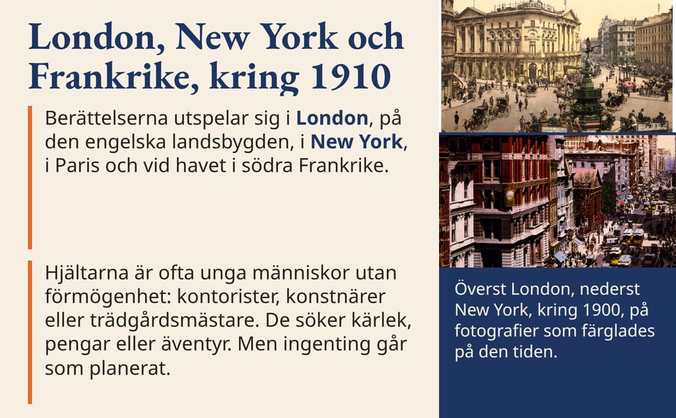 London, New York och Frankrike, kring 1910. Berättelserna utspelar sig i London, på den engelska landsbygden, i New York, i Paris och vid havet i södra Frankrike.