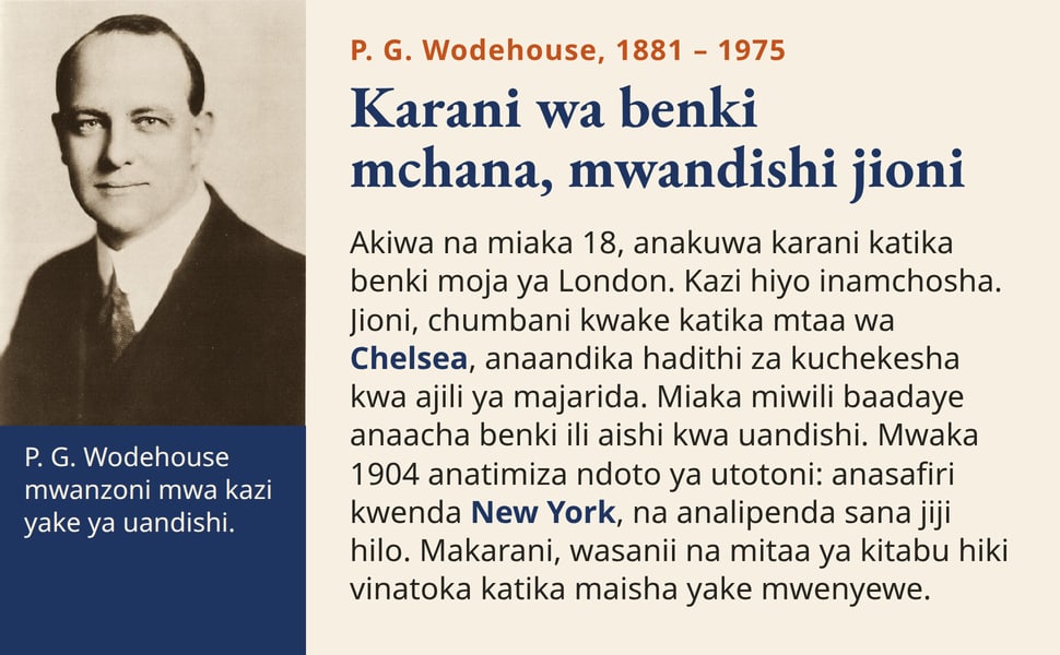 Karani wa benki mchana, mwandishi jioni. Akiwa na miaka 18, anakuwa karani katika benki moja ya London. Kazi hiyo inamchosha. Jioni, chumbani kwake katika mtaa wa Chelsea, anaandika hadithi za kuchekesha kwa ajili ya…