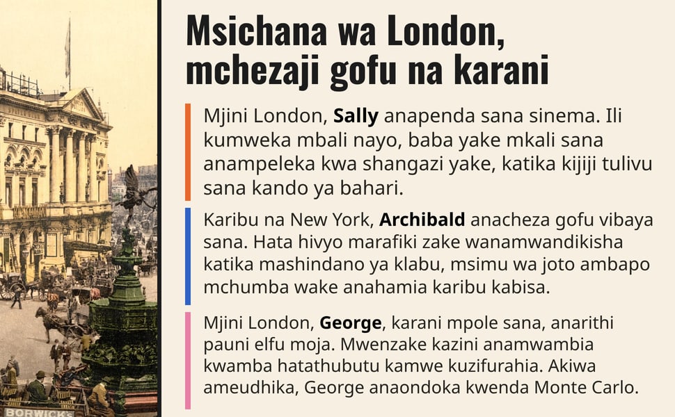 Msichana wa London, mchezaji gofu na karani. Mjini London, Sally anapenda sana sinema. Ili kumweka mbali nayo, baba yake mkali sana anampeleka kwa shangazi yake, katika kijiji tulivu sana kando ya bahari.