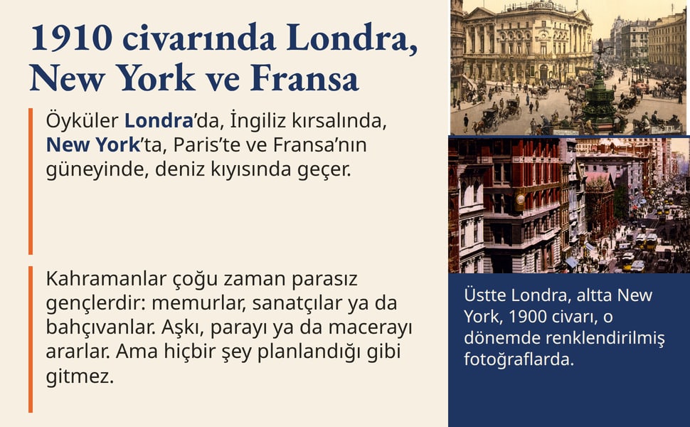 1910 civarında Londra, New York ve Fransa. Öyküler Londra’da, İngiliz kırsalında, New York’ta, Paris’te ve Fransa’nın güneyinde, deniz kıyısında geçer.