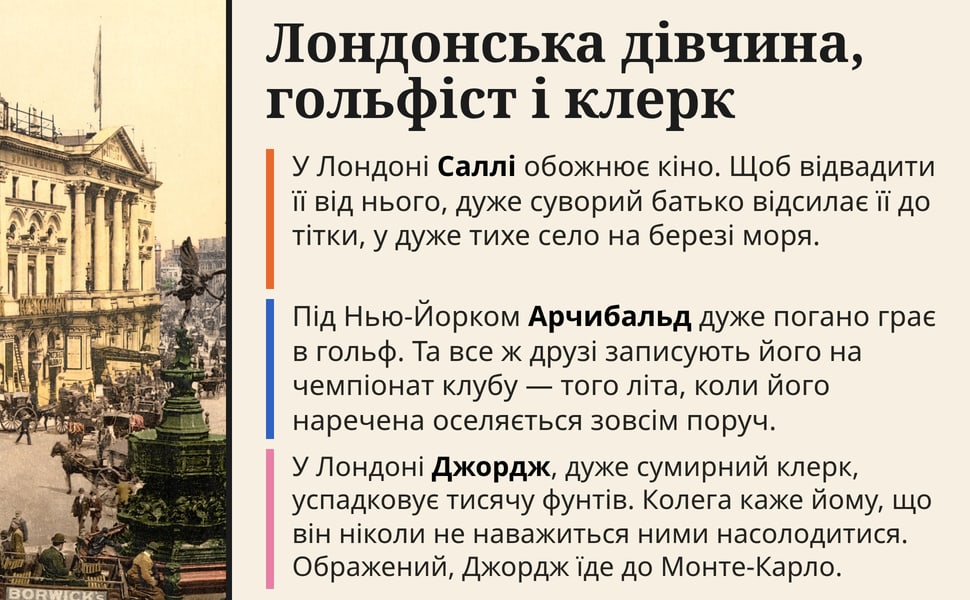 Лондонська дівчина, гольфіст і клерк. У Лондоні Саллі обожнює кіно. Щоб відвадити її від нього, дуже суворий батько відсилає її до тітки, у дуже тихе село на березі моря.