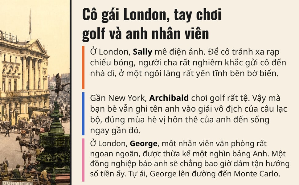 Cô gái London, tay chơi golf và anh nhân viên. Ở London, Sally mê điện ảnh. Để cô tránh xa rạp chiếu bóng, người cha rất nghiêm khắc gửi cô đến nhà dì, ở một ngôi làng rất yên tĩnh bên bờ biển.