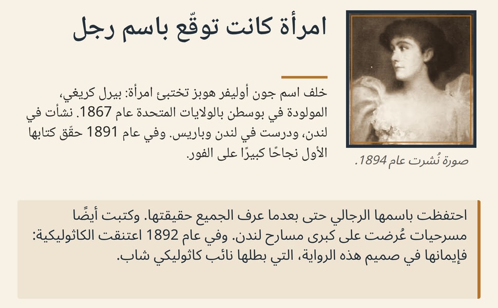 امرأة كانت توقّع باسم رجل. خلف اسم جون أوليفر هوبز تختبئ امرأة: بيرل كريغي، المولودة في بوسطن بالولايات المتحدة عام 1867. نشأت في لندن، ودرست في لندن وباريس. وفي عام 1891 حقّق كتابها الأول نجاحًا كبيرًا على الفور.