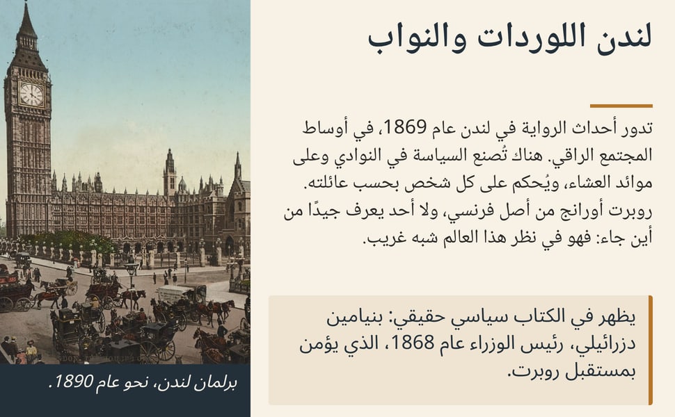 لندن اللوردات والنواب. تدور أحداث الرواية في لندن عام 1869، في أوساط المجتمع الراقي. هناك تُصنع السياسة في النوادي وعلى موائد العشاء، ويُحكم على كل شخص بحسب عائلته. روبرت أورانج من أصل فرنسي، ولا أحد يعرف جيدًا من أين…