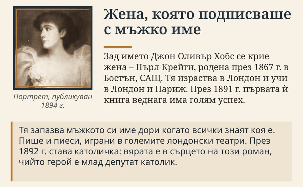 Жена, която подписваше с мъжко име. Зад името Джон Оливър Хобс се крие жена – Пърл Крейги, родена през 1867 г. в Бостън, САЩ. Тя израства в Лондон и учи в Лондон и Париж. През 1891 г. първата ѝ книга веднага има голям…