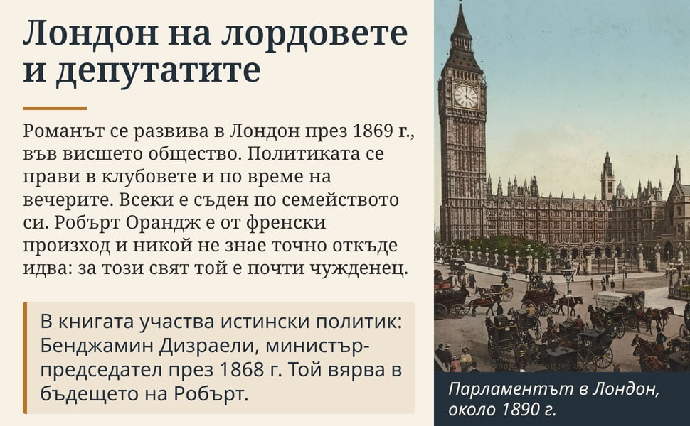 Лондон на лордовете и депутатите. Романът се развива в Лондон през 1869 г., във висшето общество. Политиката се прави в клубовете и по време на вечерите. Всеки е съден по семейството си. Робърт Орандж е от френски…