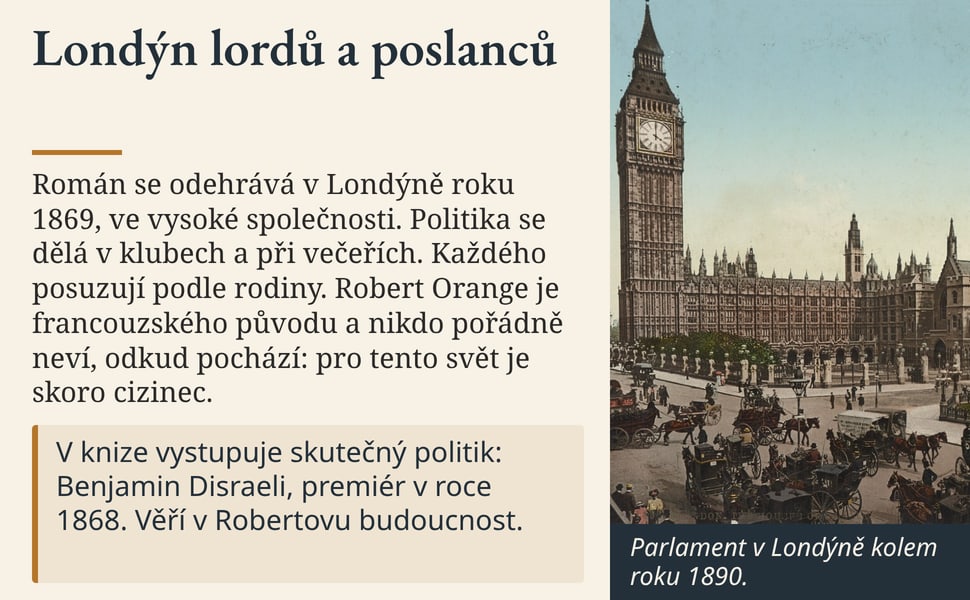 Londýn lordů a poslanců. Román se odehrává v Londýně roku 1869, ve vysoké společnosti. Politika se dělá v klubech a při večeřích. Každého posuzují podle rodiny. Robert Orange je francouzského původu a nikdo pořádně…