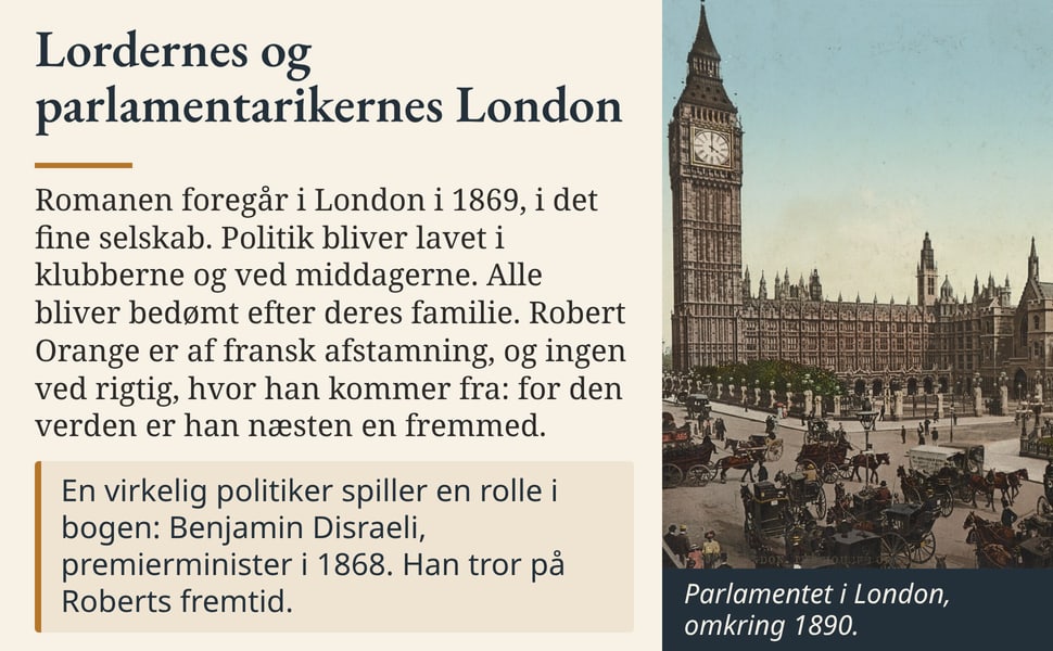 Lordernes og parlamentarikernes London. Romanen foregår i London i 1869, i det fine selskab. Politik bliver lavet i klubberne og ved middagerne. Alle bliver bedømt efter deres familie. Robert Orange er af fransk…