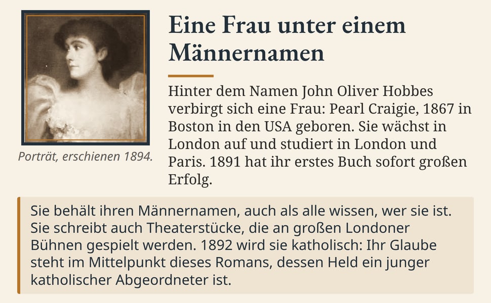 Eine Frau unter einem Männernamen. Hinter dem Namen John Oliver Hobbes verbirgt sich eine Frau: Pearl Craigie, 1867 in Boston in den USA geboren. Sie wächst in London auf und studiert in London und Paris. 1891 hat ihr…