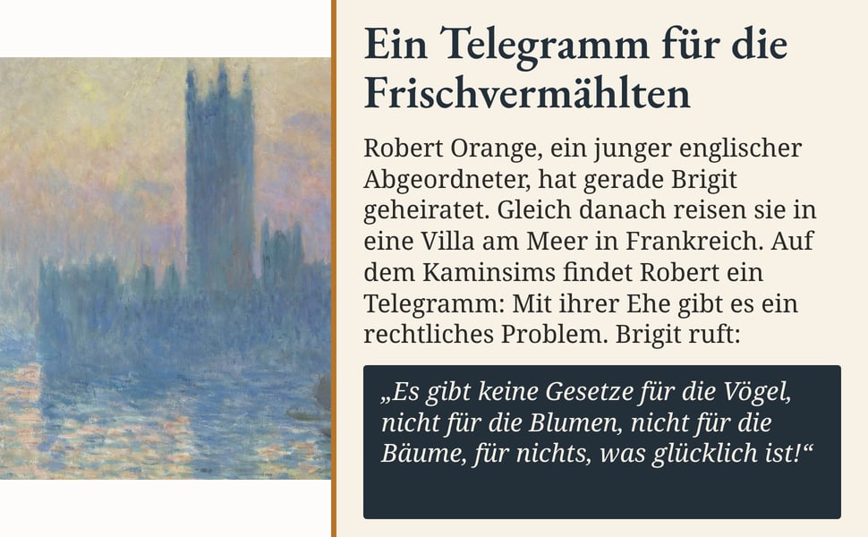 Ein Telegramm für die Frischvermählten. Robert Orange, ein junger englischer Abgeordneter, hat gerade Brigit geheiratet. Gleich danach reisen sie in eine Villa am Meer in Frankreich. Auf dem Kaminsims findet Robert ein…