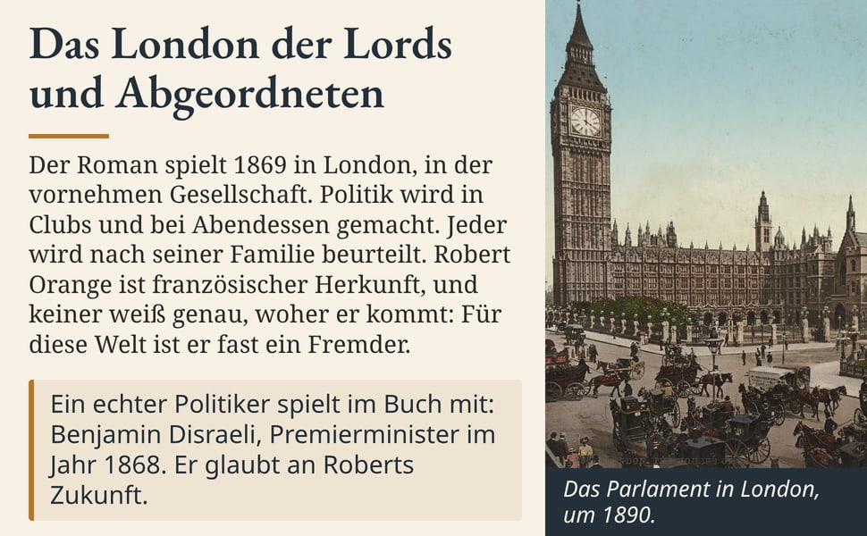 Das London der Lords und Abgeordneten. Der Roman spielt 1869 in London, in der vornehmen Gesellschaft. Politik wird in Clubs und bei Abendessen gemacht. Jeder wird nach seiner Familie beurteilt. Robert Orange ist…