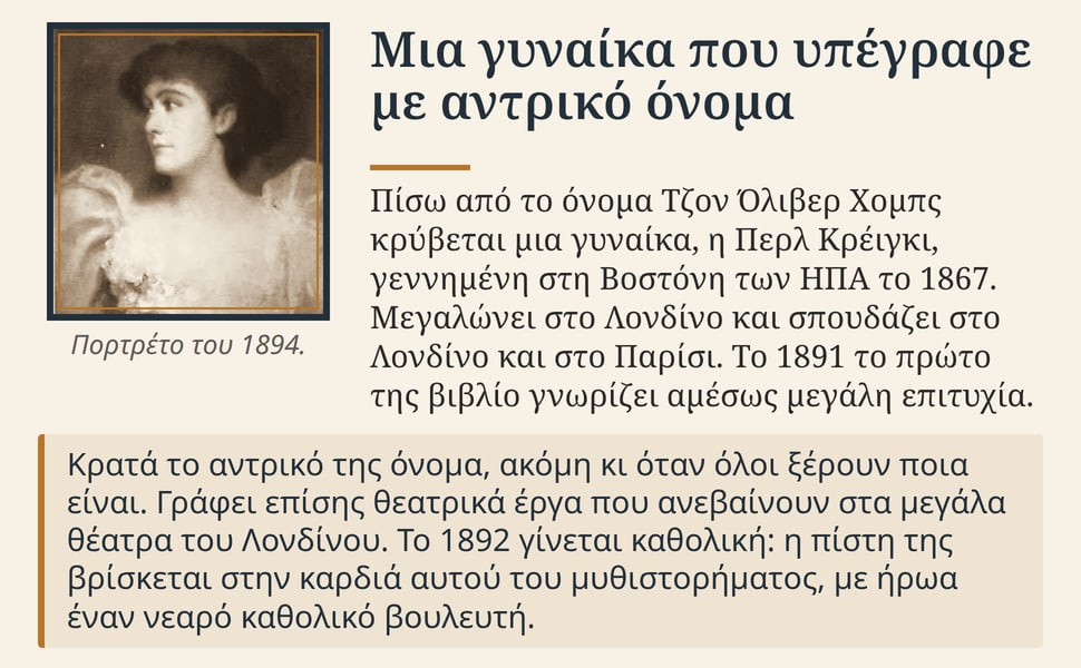 Μια γυναίκα που υπέγραφε με αντρικό όνομα. Πίσω από το όνομα Τζον Όλιβερ Χομπς κρύβεται μια γυναίκα, η Περλ Κρέιγκι, γεννημένη στη Βοστόνη των ΗΠΑ το 1867. Μεγαλώνει στο Λονδίνο και σπουδάζει στο Λονδίνο και στο…