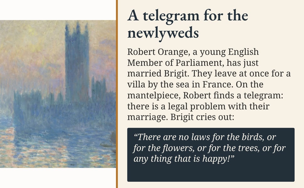 A telegram for the newlyweds. Robert Orange, a young English Member of Parliament, has just married Brigit. They leave at once for a villa by the sea in France. On the mantelpiece, Robert finds a telegram: there is a…