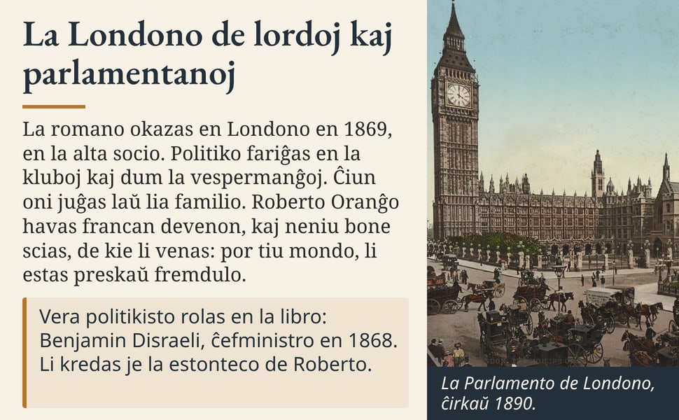 La Londono de lordoj kaj parlamentanoj. La romano okazas en Londono en 1869, en la alta socio. Politiko fariĝas en la kluboj kaj dum la vespermanĝoj. Ĉiun oni juĝas laŭ lia familio. Roberto Oranĝo havas francan…
