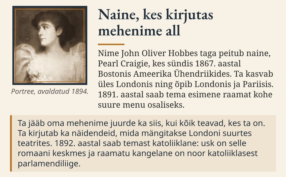 Naine, kes kirjutas mehenime all. Nime John Oliver Hobbes taga peitub naine, Pearl Craigie, kes sündis 1867. aastal Bostonis Ameerika Ühendriikides. Ta kasvab üles Londonis ning õpib Londonis ja Pariisis. 1891. aastal…
