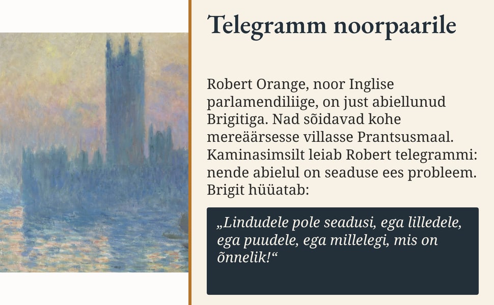 Telegramm noorpaarile. Robert Orange, noor Inglise parlamendiliige, on just abiellunud Brigitiga. Nad sõidavad kohe mereäärsesse villasse Prantsusmaal. Kaminasimsilt leiab Robert telegrammi: nende abielul on seaduse…
