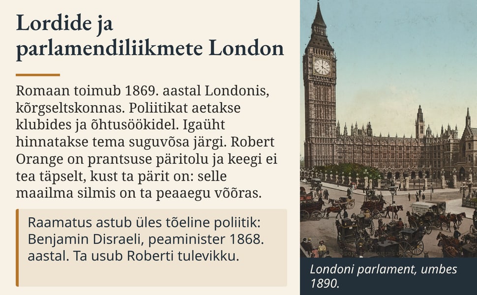 Lordide ja parlamendiliikmete London. Romaan toimub 1869. aastal Londonis, kõrgseltskonnas. Poliitikat aetakse klubides ja õhtusöökidel. Igaüht hinnatakse tema suguvõsa järgi. Robert Orange on prantsuse päritolu ja…
