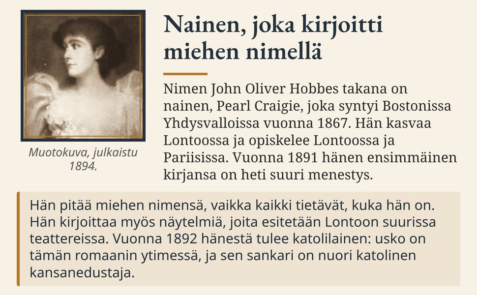 Nainen, joka kirjoitti miehen nimellä. Nimen John Oliver Hobbes takana on nainen, Pearl Craigie, joka syntyi Bostonissa Yhdysvalloissa vuonna 1867. Hän kasvaa Lontoossa ja opiskelee Lontoossa ja Pariisissa. Vuonna 1891…