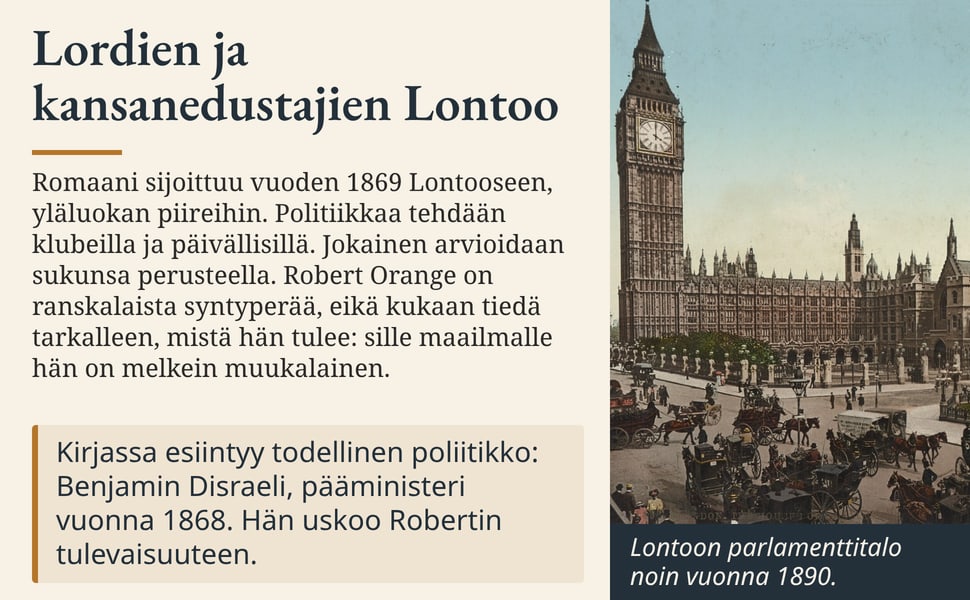 Lordien ja kansanedustajien Lontoo. Romaani sijoittuu vuoden 1869 Lontooseen, yläluokan piireihin. Politiikkaa tehdään klubeilla ja päivällisillä. Jokainen arvioidaan sukunsa perusteella. Robert Orange on ranskalaista…