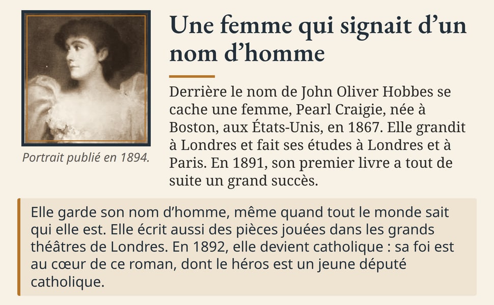 Une femme qui signait d’un nom d’homme. Derrière le nom de John Oliver Hobbes se cache une femme, Pearl Craigie, née à Boston, aux États-Unis, en 1867. Elle grandit à Londres et fait ses études à Londres et à Paris. En 1891, son premier livre a tout de suite un grand succès. Portrait publié en 1894. Elle garde son nom d’homme, même quand tout le monde sait qui elle est. Elle écrit aussi des pièces jouées dans les grands théâtres de Londres. En 1892, elle devient catholique : sa foi est au cœur de ce roman, dont le héros est un jeune député catholique.