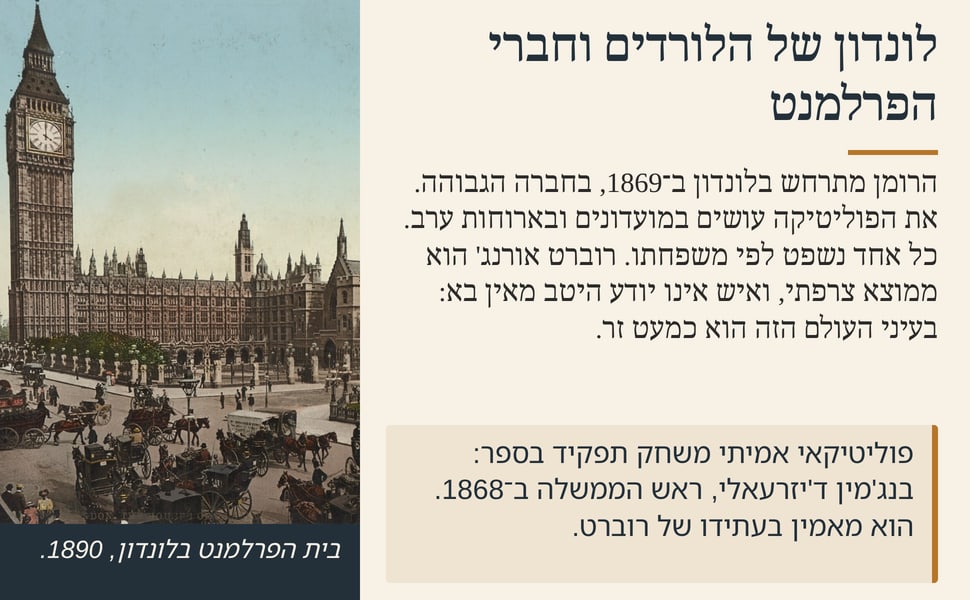 לונדון של הלורדים וחברי הפרלמנט. הרומן מתרחש בלונדון ב־1869, בחברה הגבוהה. את הפוליטיקה עושים במועדונים ובארוחות ערב. כל אחד נשפט לפי משפחתו. רוברט אורנג' הוא ממוצא צרפתי, ואיש אינו יודע היטב מאין בא: בעיני העולם הזה…