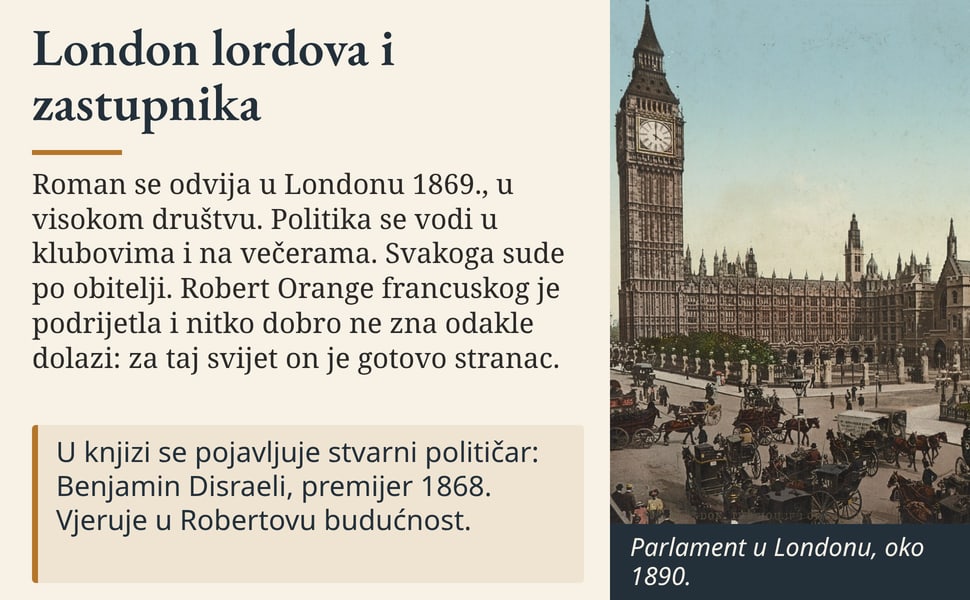 London lordova i zastupnika. Roman se odvija u Londonu 1869., u visokom društvu. Politika se vodi u klubovima i na večerama. Svakoga sude po obitelji. Robert Orange francuskog je podrijetla i nitko dobro ne zna odakle…