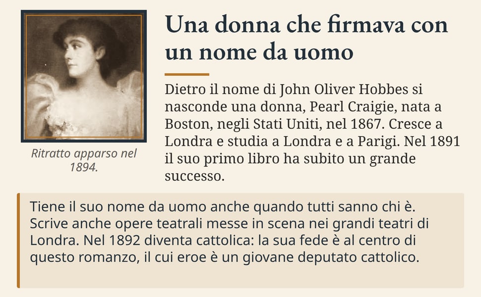 Una donna che firmava con un nome da uomo. Dietro il nome di John Oliver Hobbes si nasconde una donna, Pearl Craigie, nata a Boston, negli Stati Uniti, nel 1867. Cresce a Londra e studia a Londra e a Parigi. Nel 1891…