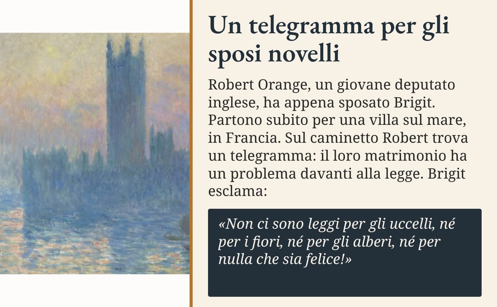 Un telegramma per gli sposi novelli. Robert Orange, un giovane deputato inglese, ha appena sposato Brigit. Partono subito per una villa sul mare, in Francia. Sul caminetto Robert trova un telegramma: il loro matrimonio…