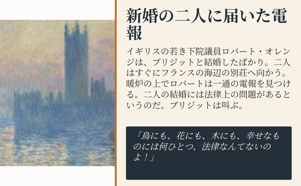 新婚の二人に届いた電報。イギリスの若き下院議員ロバート・オレンジは、ブリジットと結婚したばかり。二人はすぐにフランスの海辺の別荘へ向かう。暖炉の上でロバートは一通の電報を見つける。二人の結婚には法律上の問題があるというのだ。ブリジットは叫ぶ。